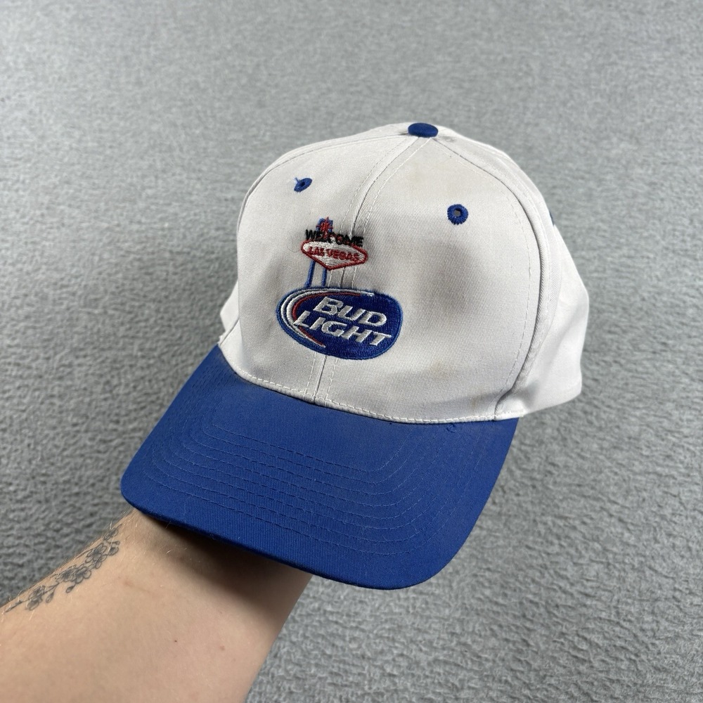 Vintage 90s Bud Light Las Vegas Snapback Hat Beer Promo Graphic Cap White Blue